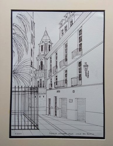 Keith, Mallaga cathedral from Calle San Agustin, pen & ink.